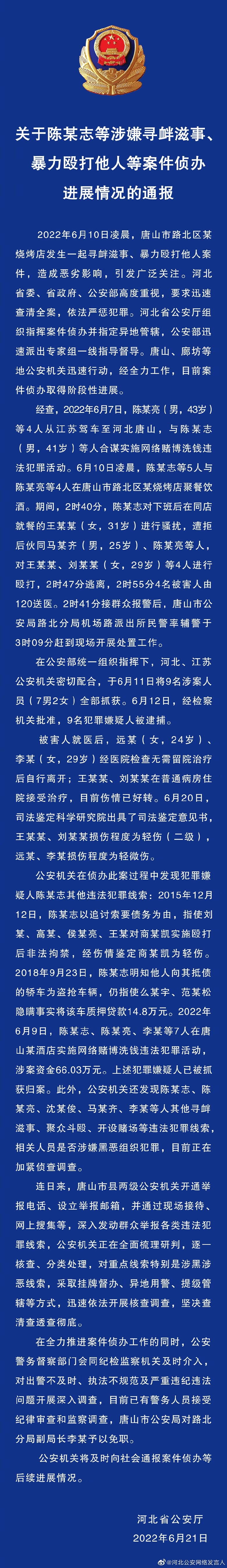 關于陳某志等涉嫌尋釁滋事、暴力毆打他人等案件偵辦進展情況的通報