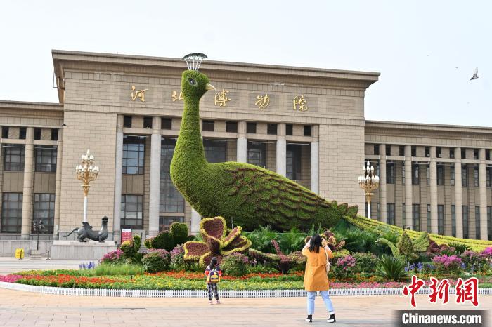 圖為游客在花壇前拍照打卡。　翟羽佳 攝