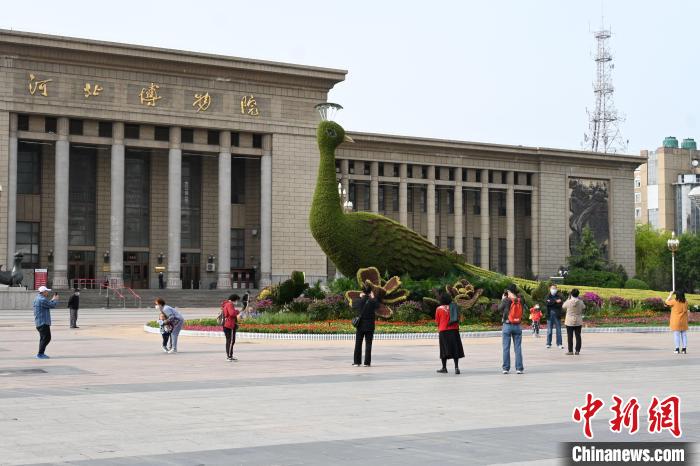 圖為游客在花壇前拍照打卡。　翟羽佳 攝