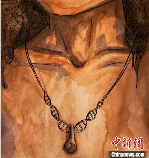 墜飾藝術再現(xiàn)圖，圖中吊墜繩為DNA螺旋樣式(圖片作者Myrthe Lucas)?！∈┢樟指瘛ぷ匀?供圖