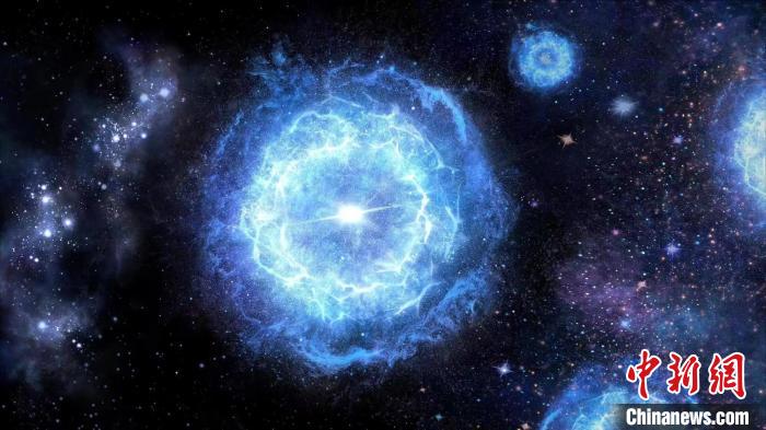 第一代超大質(zhì)量恒星演化成為“對不穩(wěn)定超新星”的藝術展示圖。　中科院國家天文臺 供圖