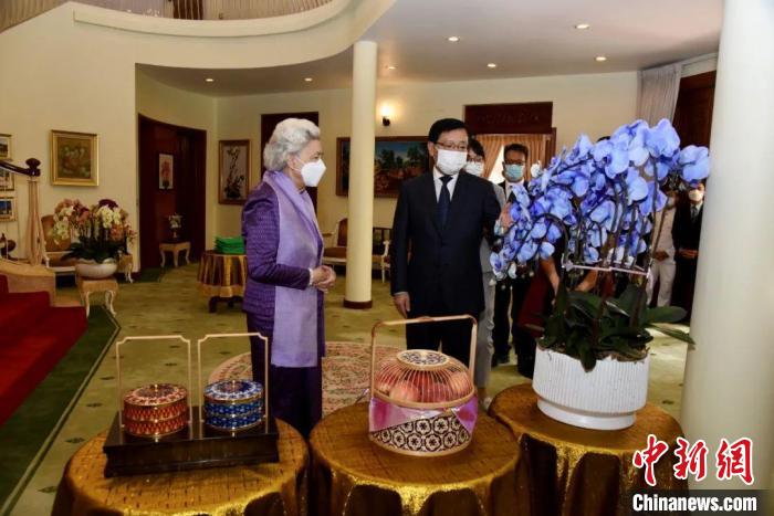 王文天大使介紹中國傳統(tǒng)工藝品及云南的蘭花和鮮果?！≈袊v柬埔寨大使館微信公眾號 攝