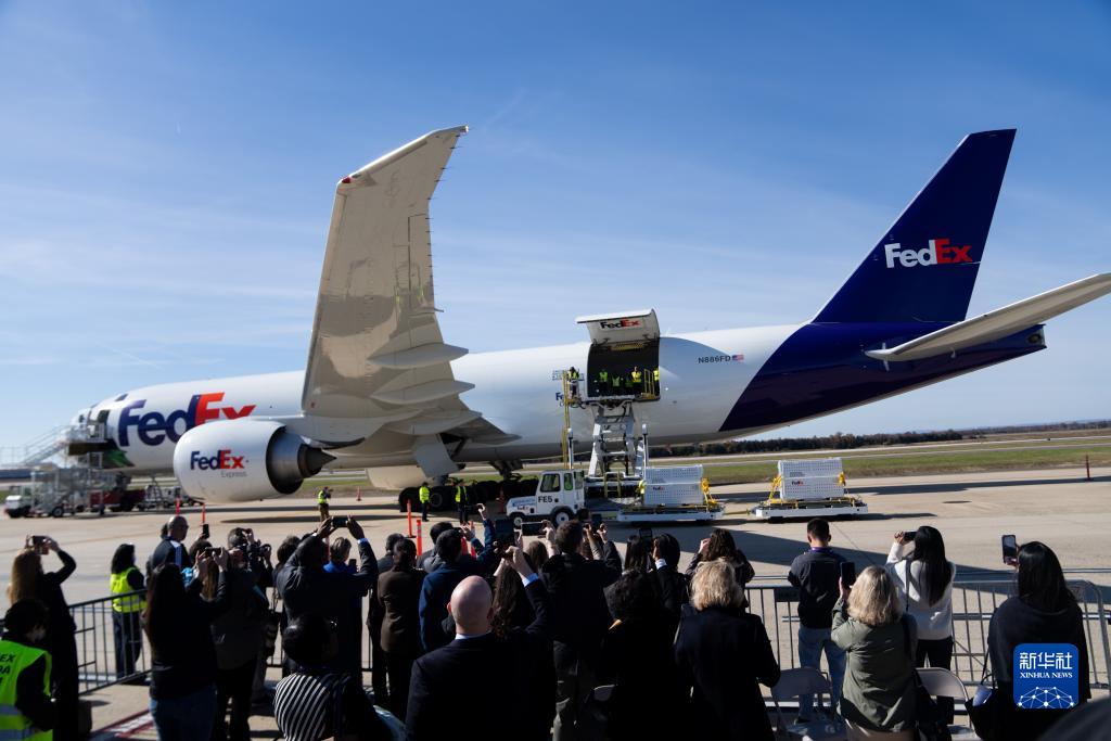 11月8日，在美國弗吉尼亞州的華盛頓杜勒斯國際機(jī)場(chǎng)，裝有大熊貓的特制“旅行包廂”準(zhǔn)備運(yùn)上專機(jī)。新華社記者劉杰攝