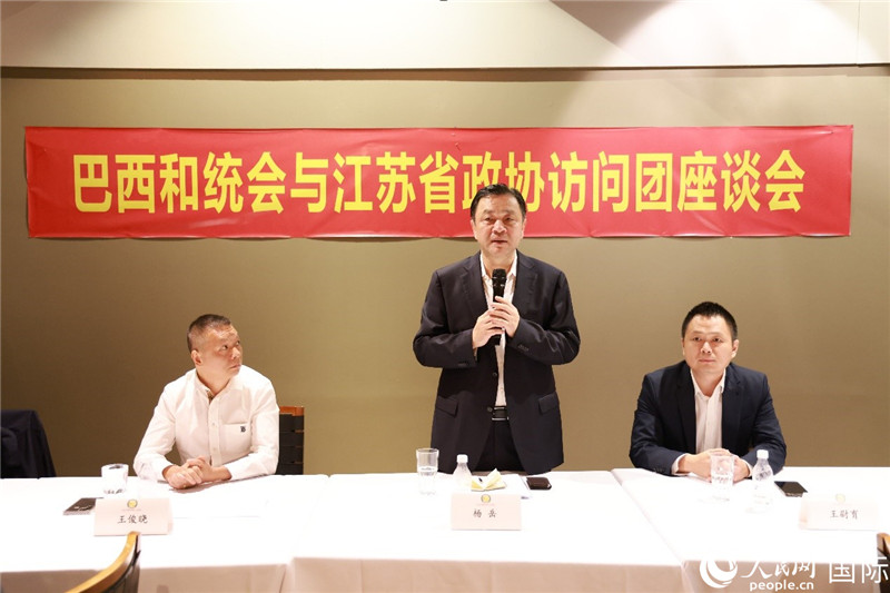 江蘇省政協(xié)副主席楊岳（中）在座談會上致辭。人民網記者 陳海琪攝