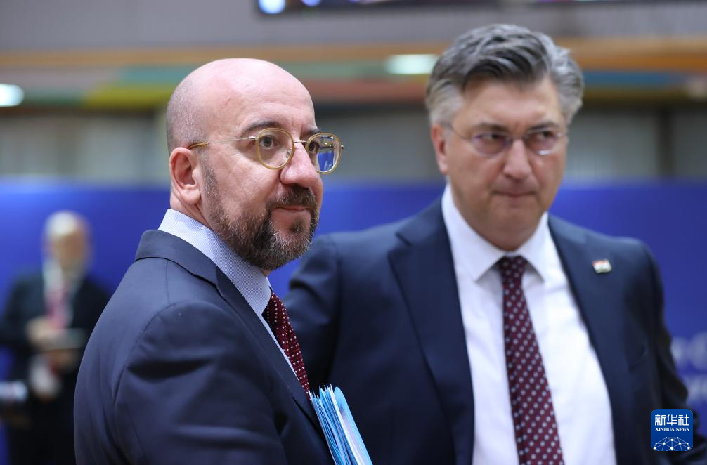 2月1日，歐洲理事會主席米歇爾（左）出席在比利時布魯塞爾舉行的歐盟特別峰會。新華社記者 趙丁喆 攝