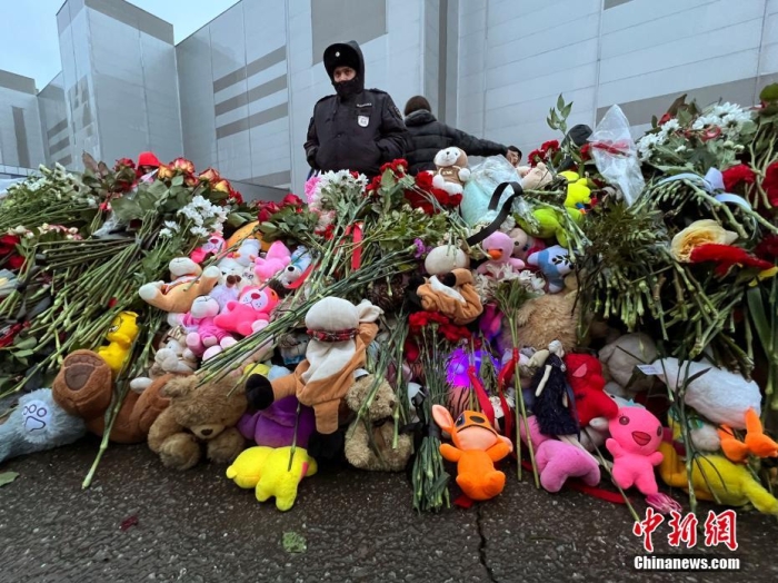 當(dāng)?shù)貢r(shí)間3月24日，俄羅斯全國哀悼日，悼念22日發(fā)生在莫斯科州克拉斯諾戈?duì)査箍耸小翱肆_庫斯城”音樂廳恐怖襲擊事件中的遇難者。此次恐襲已導(dǎo)致137人遇難，150多人受傷。圖為民眾在恐襲事件現(xiàn)場附近敬獻(xiàn)的鮮花和毛絨玩具。<a target='_blank' href='/'><p  align=