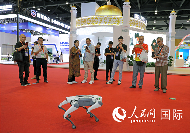 東博會上，觀眾正在參觀一只機(jī)器狗。綠色能源、新能源汽車、綠色農(nóng)產(chǎn)品等成為本屆東博會觀眾關(guān)注的焦點(diǎn)。人民網(wǎng)記者 趙益普攝