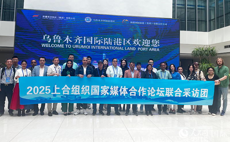 5月26日，外國媒體人在烏魯木齊國際陸港區(qū)合影留念。 人民網(wǎng)記者 翟轉(zhuǎn)麗攝