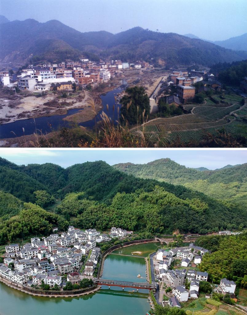圖為浙江省杭州市淳安縣楓樹嶺鎮(zhèn)下姜村拼版圖，其中上圖為資料照片、下圖由新華社記者張鋮攝。