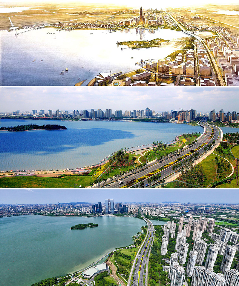 拼版照片：上圖為1994年繪制的蘇州工業(yè)園區(qū)手繪規(guī)劃圖；中圖為2007年拍攝的蘇州工業(yè)園區(qū)；下圖為2023年7月4日用無人機(jī)拍攝的蘇州工業(yè)園區(qū)。