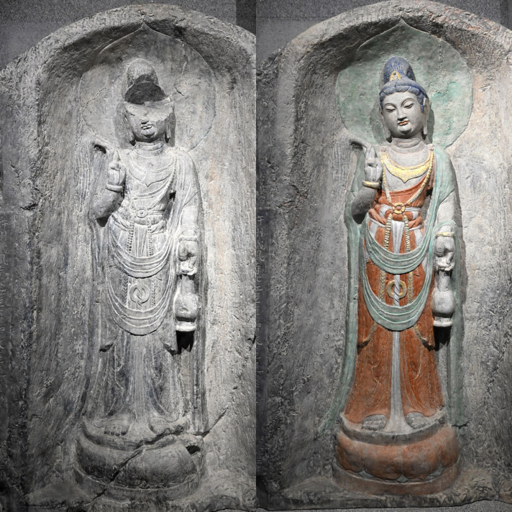 左圖為龍門石窟萬佛洞窟前南壁菩薩造像的3D打印模型；右圖為利用數(shù)字化技術復原后的3D打印模型（2025年4月10日攝，拼版照片）。復原后的像龕精妙絕倫，栩栩如生，被游客譽為“龍門最美菩薩”。圖片來源新華社