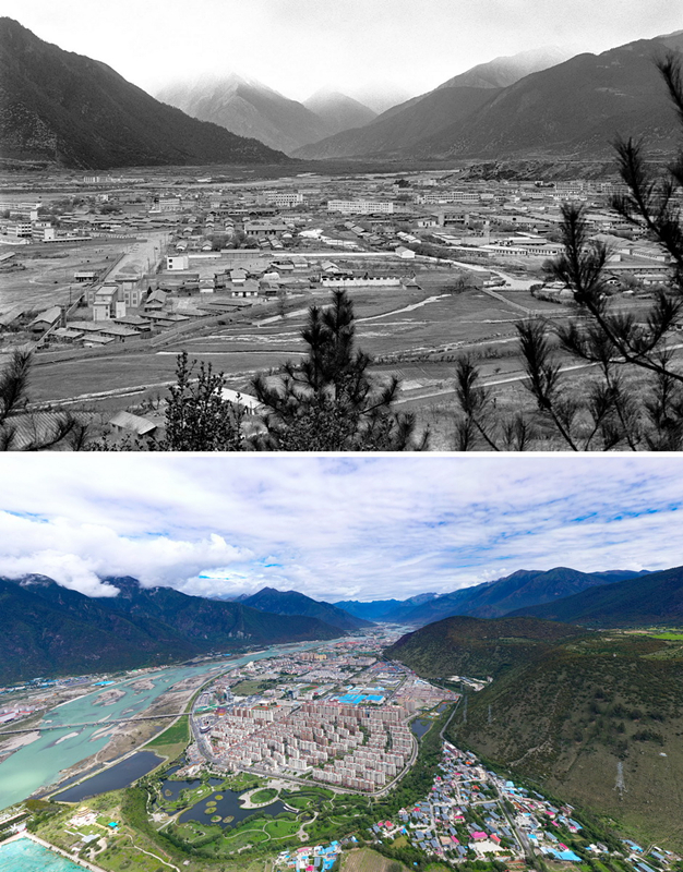 拼版照片：上圖是20世紀(jì)90年代的西藏林芝八一鎮(zhèn)；下圖是2021年7月20日拍攝的西藏林芝八一鎮(zhèn)風(fēng)貌。
