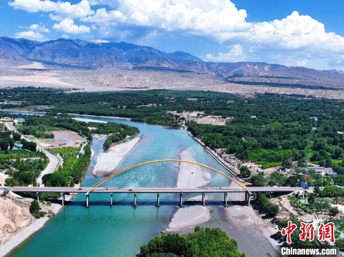 航拍貴德縣黃河岸畔綠意盎然。　馬銘言 攝