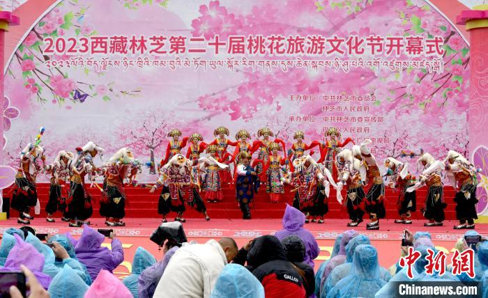 3月28日，西藏林芝第二十屆桃花旅游文化節(jié)開(kāi)幕式上的文藝表演。　李林 攝